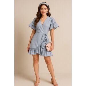 Max‎ Studio Wrap Dress Womens M Blue Gingham Check Cottagecore Ruffle Milkmaid
